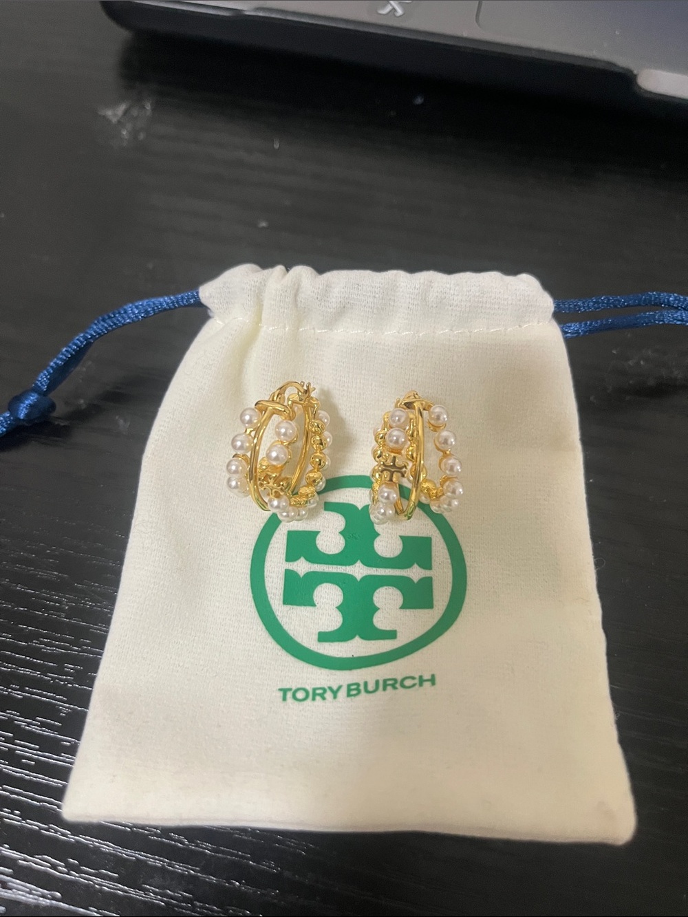 Tory Burch Gold with Pearl Cluster Clip Hoop Earrings